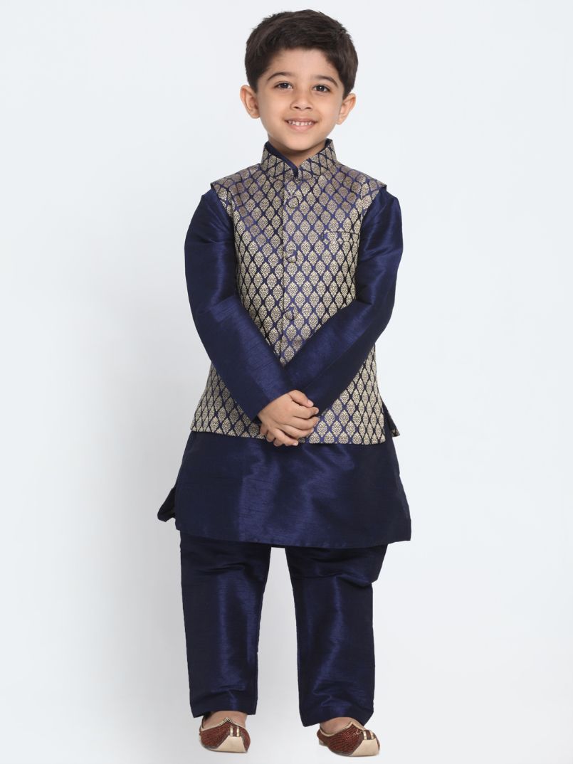 Vastramay Boys' Blue Woven Design Nehru Jacket & Navy Blue Kurta Pyjamas Set - qivii
