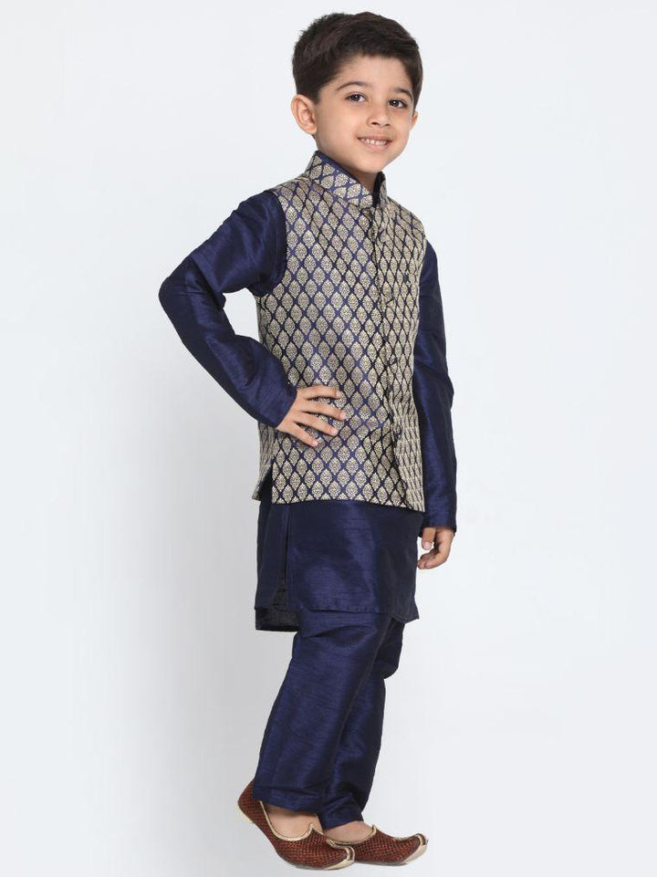 Vastramay Boys' Blue Woven Design Nehru Jacket & Navy Blue Kurta Pyjamas Set - qivii