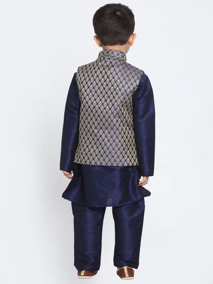 Vastramay Boys' Blue Woven Design Nehru Jacket & Navy Blue Kurta Pyjamas Set - qivii