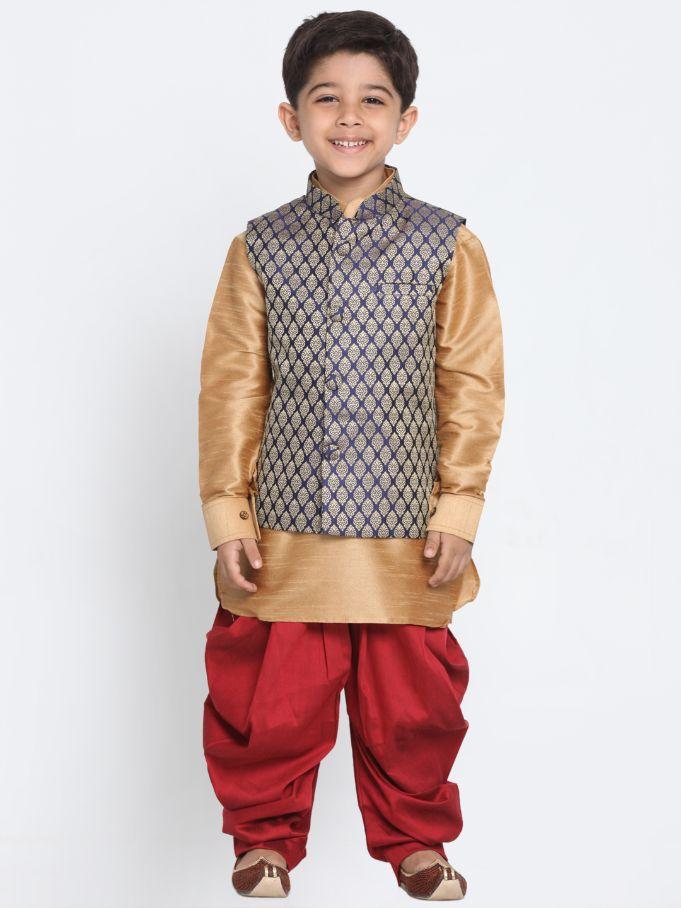 VASTRAMAY Boys' Blue Cotton Silk Blend Ethnic Jacket, Golden Kurta and Dhoti Pant Set - qivii