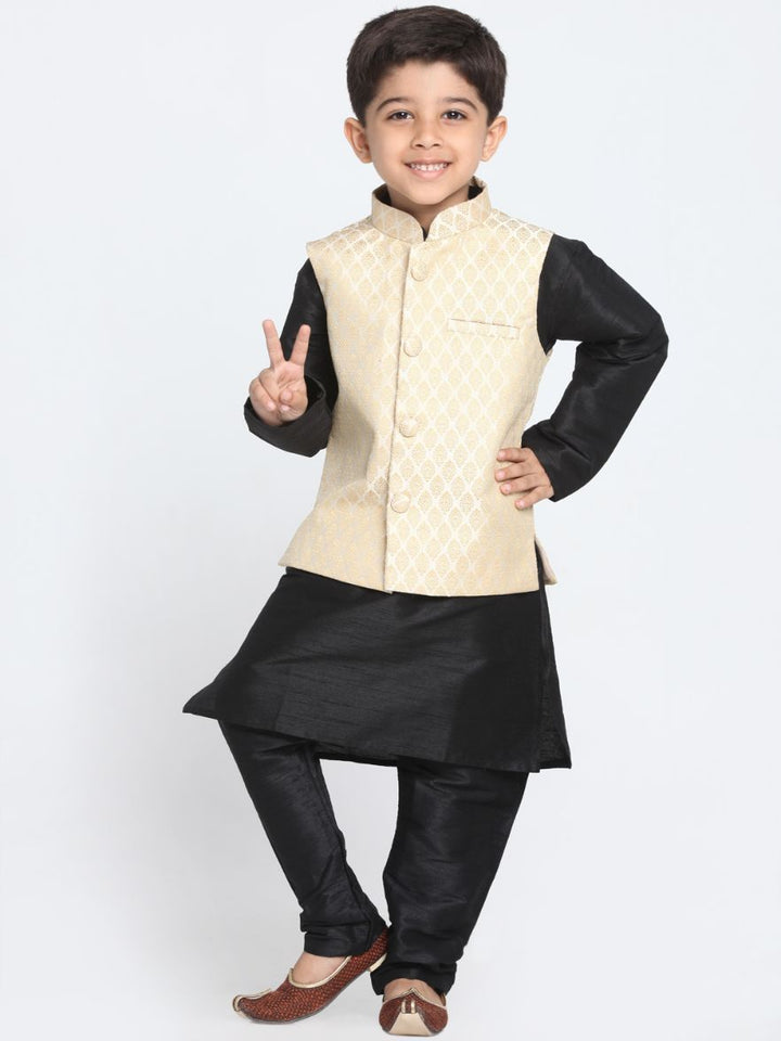 Vastramay Boys' Cream Cotton Silk Blend Waistcoat, Black Kurta and Pyjama Set - qivii