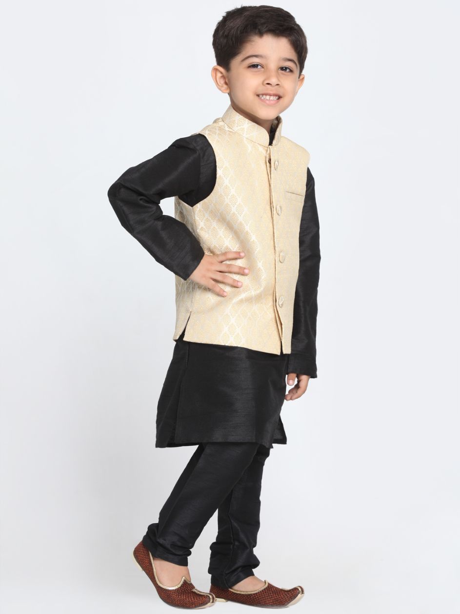 Vastramay Boys' Cream Cotton Silk Blend Waistcoat, Black Kurta and Pyjama Set - qivii