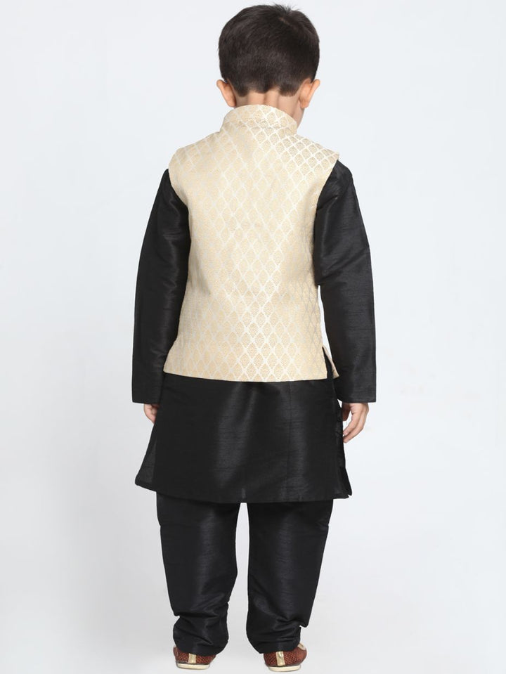 Vastramay Boys' Cream Cotton Silk Blend Waistcoat, Black Kurta and Pyjama Set - qivii