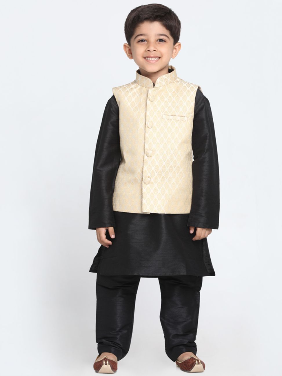 Vastramay Boys' Cream Cotton Silk Blend Waistcoat, Black Kurta and Pyjama Set - qivii