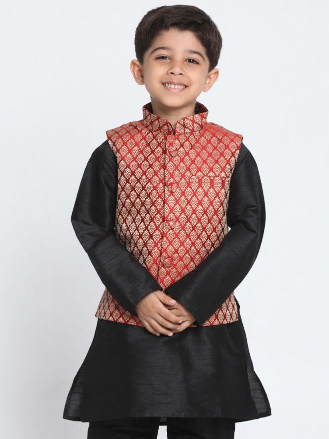 Boys' Maroon Cotton Silk Blend Nehru Jacket - qivii