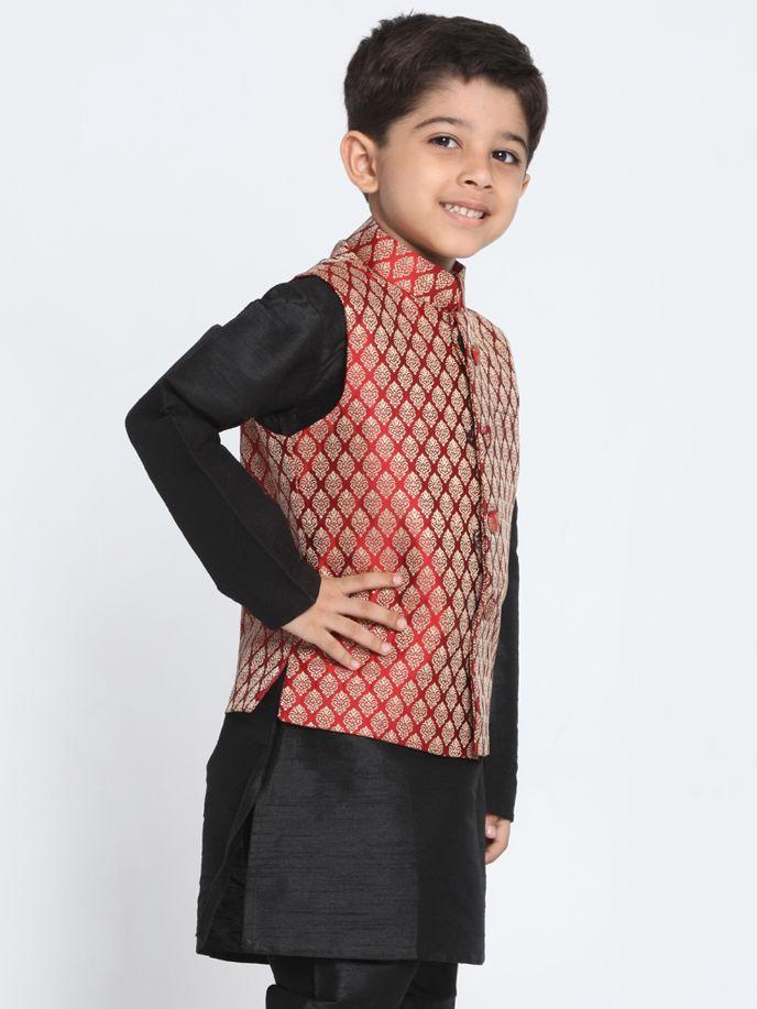 Boys' Maroon Cotton Silk Blend Nehru Jacket - qivii