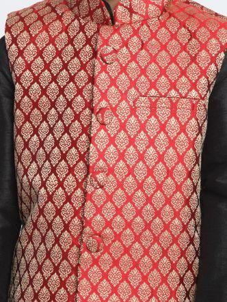Boys' Maroon Cotton Silk Blend Nehru Jacket - qivii