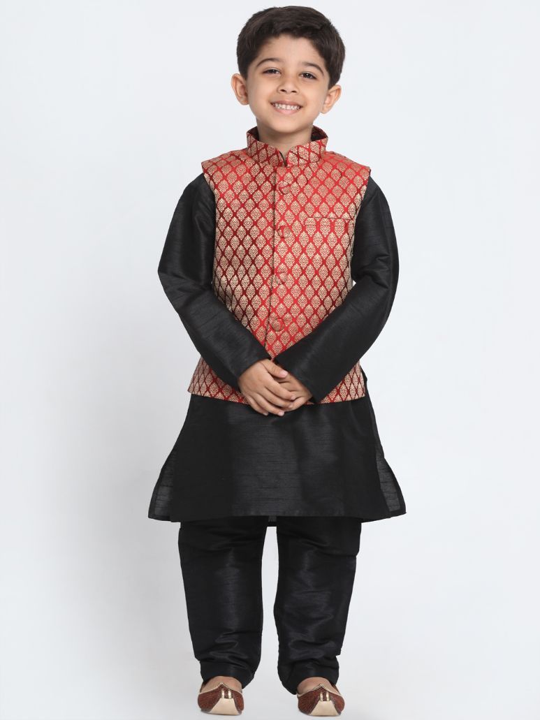 Boys' Maroon Cotton Silk Blend Nehru Jacket - qivii