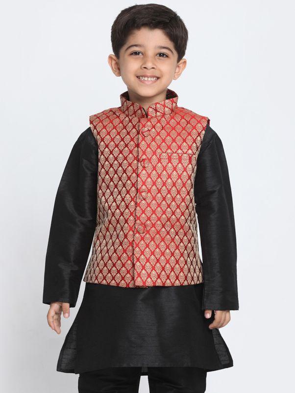 Boys' Maroon Cotton Silk Blend Nehru Jacket - qivii