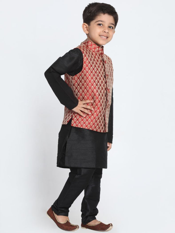 Vastramay Boys' Maroon Cotton Silk Blend Waistcoat, Black Kurta and Pyjama Set - qivii