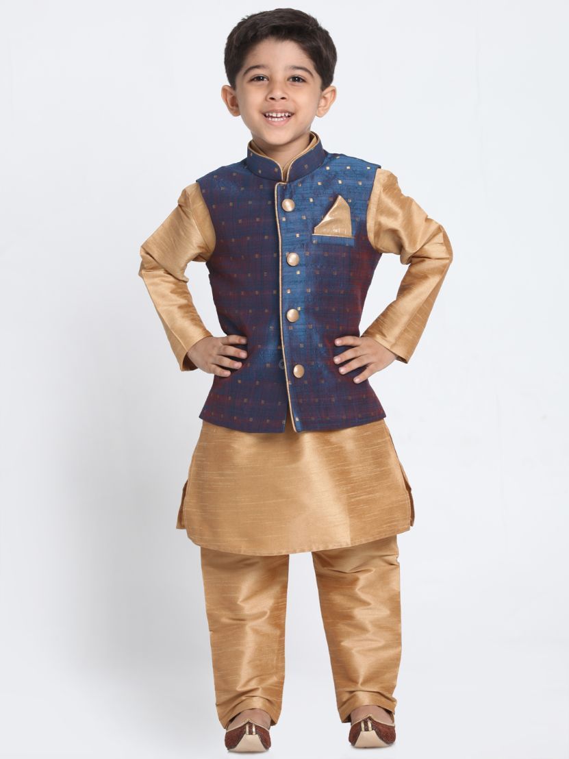 Vastramay Boys' Deep Blue Cotton Silk Blend Waistcoat, Golden Kurta and Pyjama Set - qivii