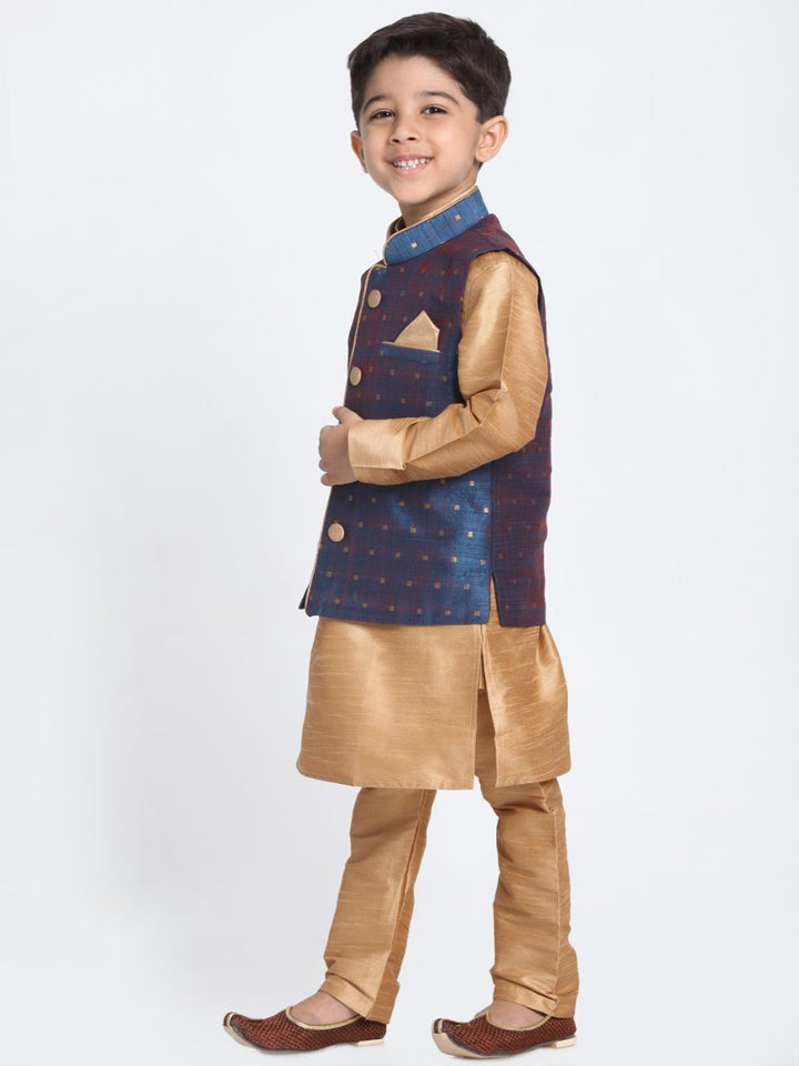 Vastramay Boys' Deep Blue Cotton Silk Blend Waistcoat, Golden Kurta and Pyjama Set - qivii