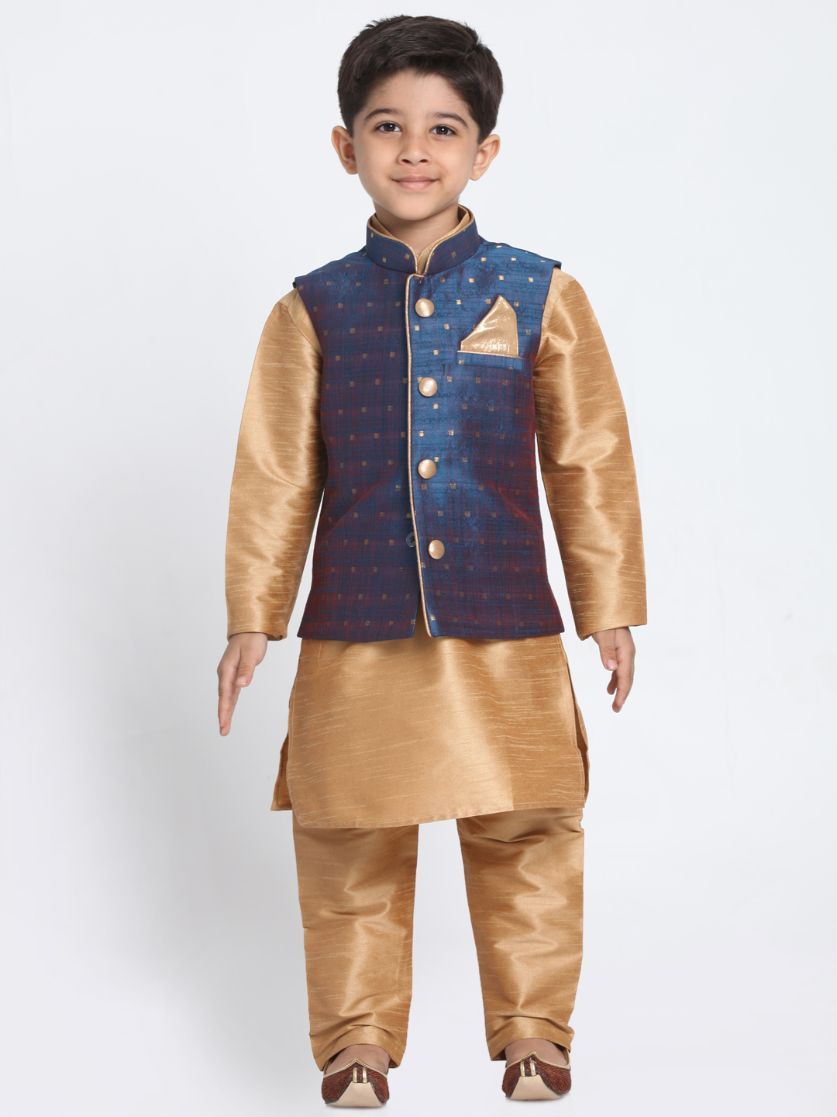 Vastramay Boys' Deep Blue Cotton Silk Blend Waistcoat, Golden Kurta and Pyjama Set - qivii