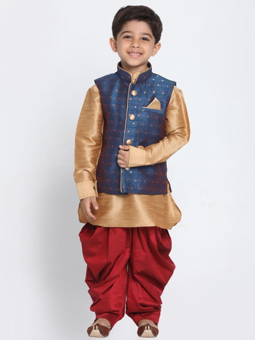 Vastramay Boy's Deep Blue Cotton Silk Blend Ethnic Jacket, Rose Gold Kurta and Maroon Dhoti Pant Set - qivii