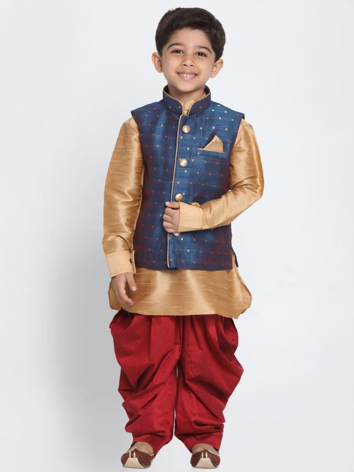 Vastramay Boy's Deep Blue Cotton Silk Blend Ethnic Jacket, Rose Gold Kurta and Maroon Dhoti Pant Set - qivii
