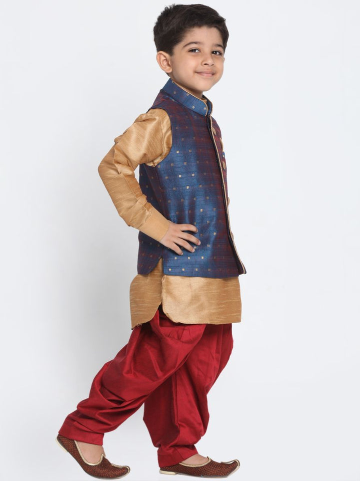 Vastramay Boy's Deep Blue Cotton Silk Blend Ethnic Jacket, Rose Gold Kurta and Maroon Dhoti Pant Set - qivii