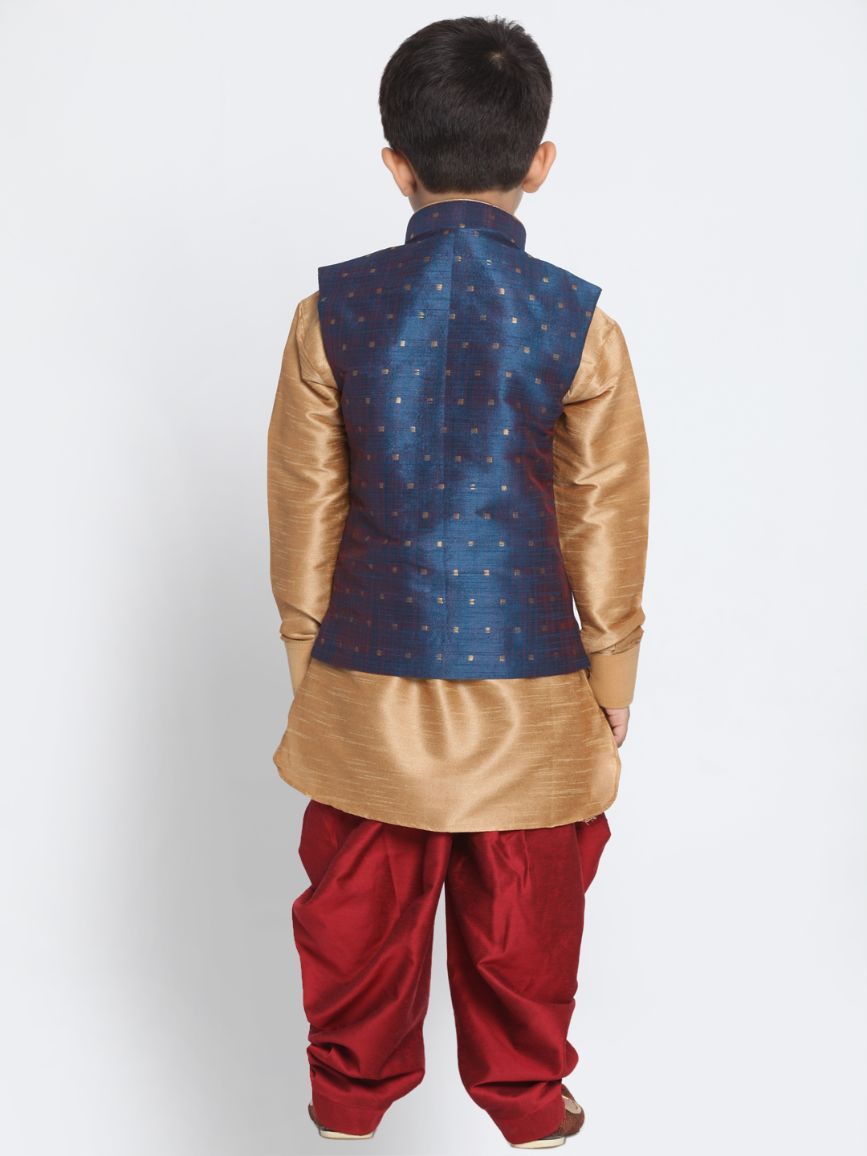Vastramay Boy's Deep Blue Cotton Silk Blend Ethnic Jacket, Rose Gold Kurta and Maroon Dhoti Pant Set - qivii