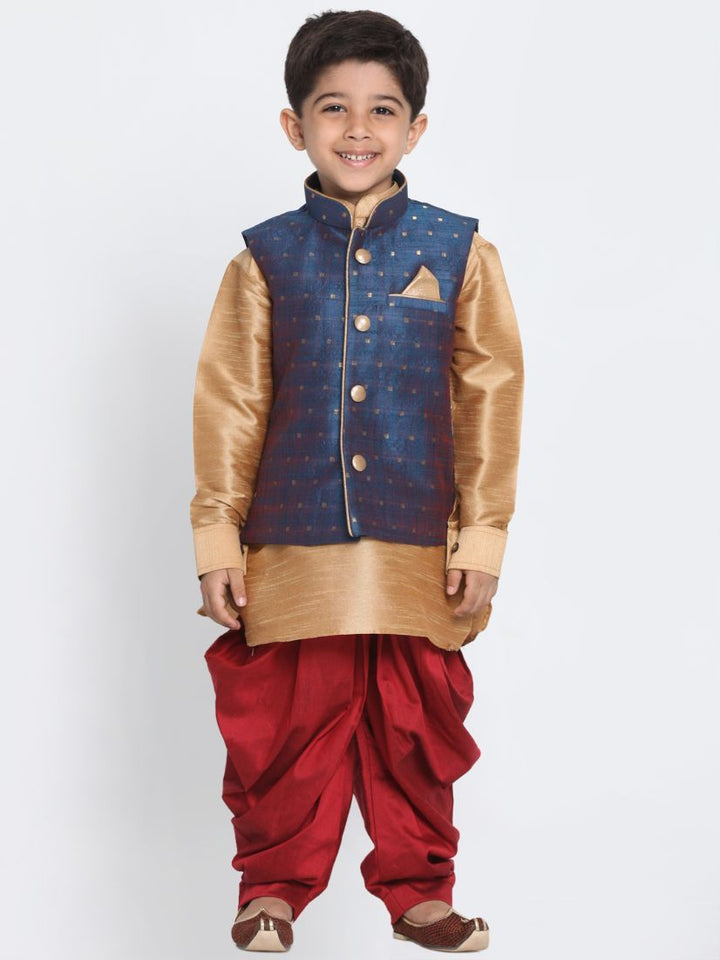 Vastramay Boy's Deep Blue Cotton Silk Blend Ethnic Jacket, Rose Gold Kurta and Maroon Dhoti Pant Set - qivii