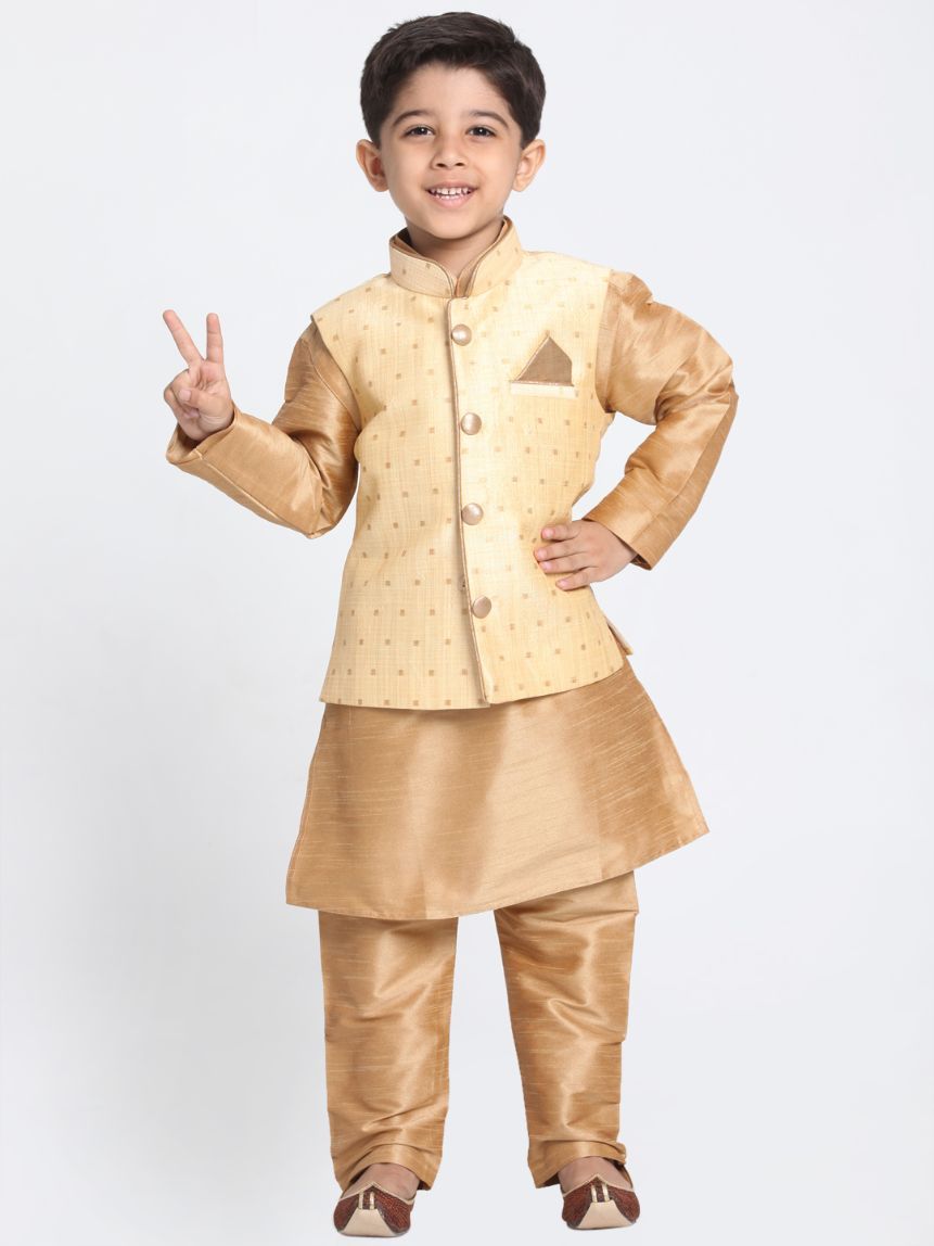 Vastramay Boys' Gold Cotton Silk Blend Kurta, Waistcoat and Pyjama Set - qivii