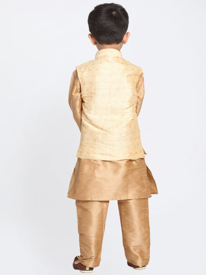 Vastramay Boys' Gold Cotton Silk Blend Kurta, Waistcoat and Pyjama Set - qivii