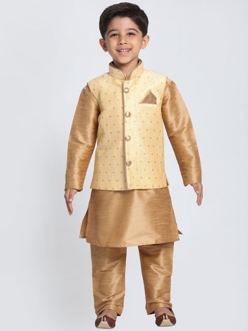 Vastramay Boys' Gold Cotton Silk Blend Kurta, Waistcoat and Pyjama Set - qivii
