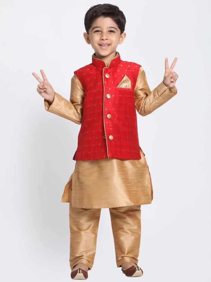 Vastramay Boys' Maroon Woven Design Nehru Jacket With Rose Gold Kurta and Pajamas Set - qivii