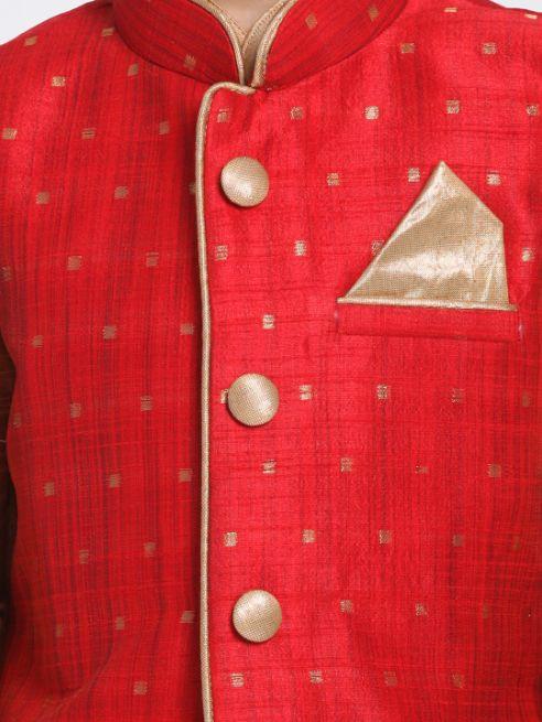 Vastramay Boys' Maroon Woven Design Nehru Jacket With Rose Gold Kurta and Pajamas Set - qivii