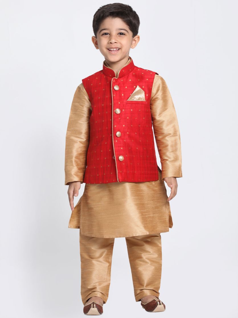 Vastramay Boys' Maroon Woven Design Nehru Jacket With Rose Gold Kurta and Pajamas Set - qivii
