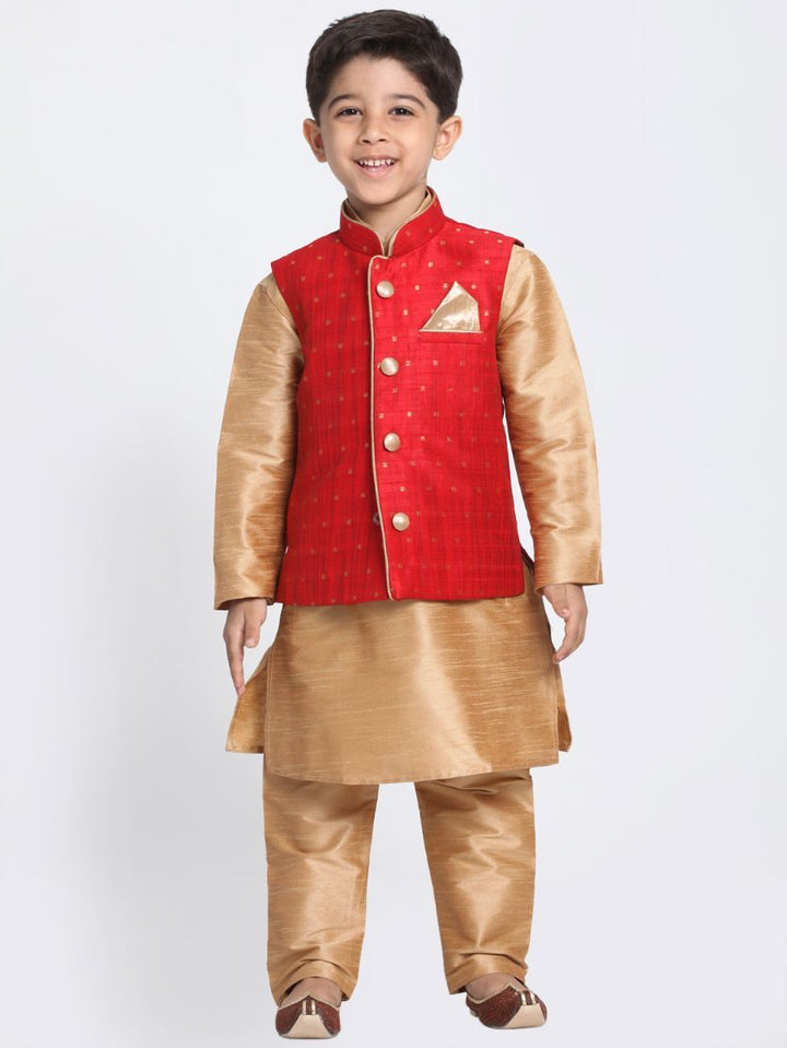 Vastramay Boys' Maroon Woven Design Nehru Jacket With Rose Gold Kurta and Pajamas Set - qivii