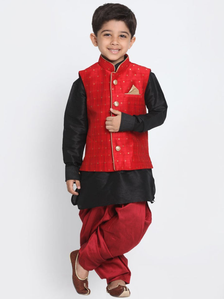 VASTRAMAY Boys' Maroon Cotton Silk Blend Ethnic Jacket, Black Kurta and Maroon Dhoti Pant Set - qivii