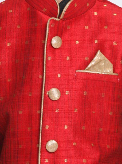 VASTRAMAY Boys' Maroon Cotton Silk Blend Ethnic Jacket, Black Kurta and Maroon Dhoti Pant Set - qivii