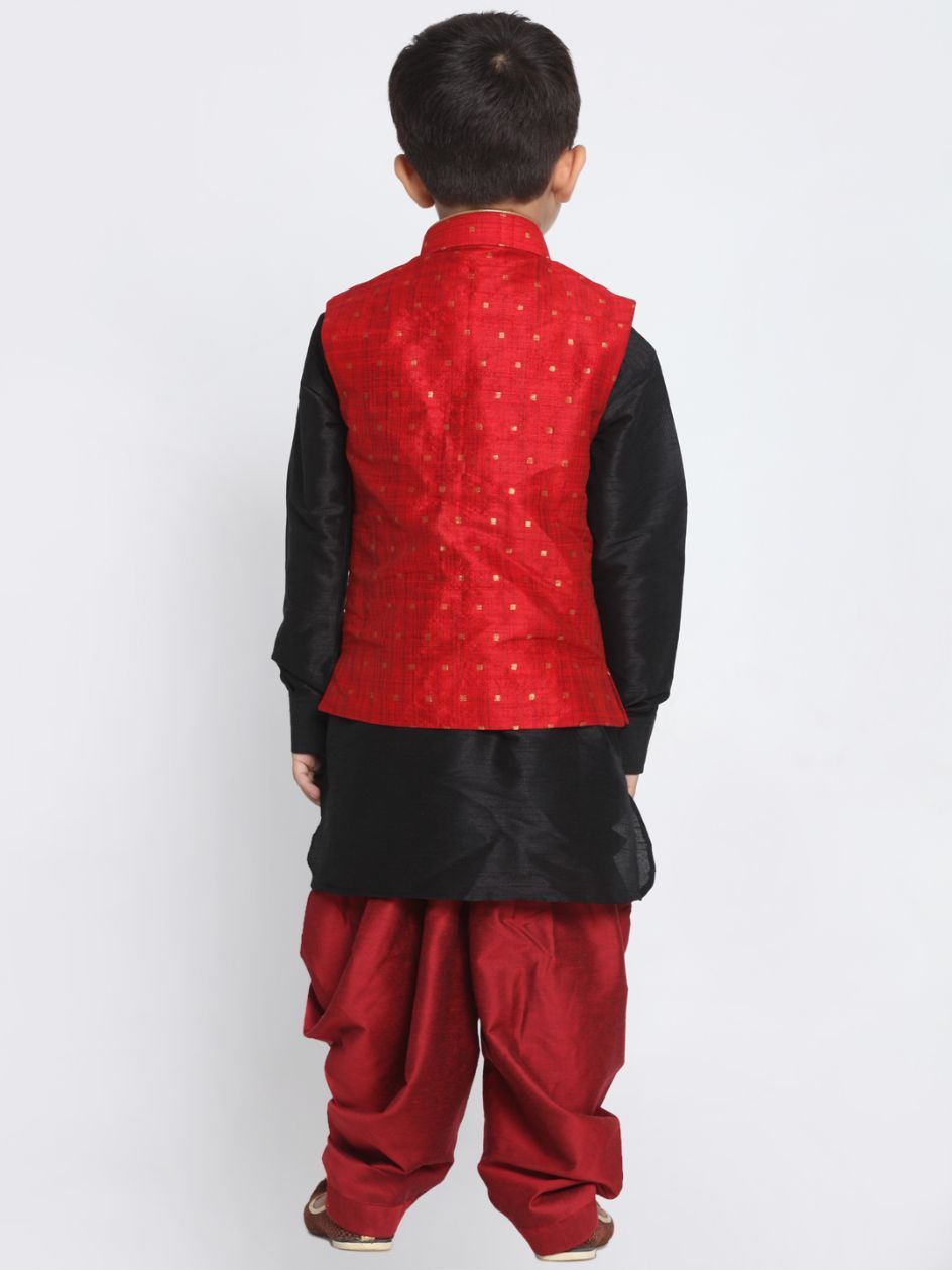 VASTRAMAY Boys' Maroon Cotton Silk Blend Ethnic Jacket, Black Kurta and Maroon Dhoti Pant Set - qivii