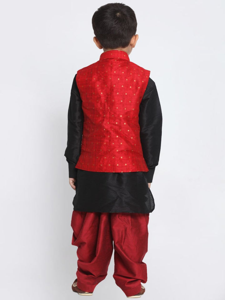 VASTRAMAY Boys' Maroon Cotton Silk Blend Ethnic Jacket, Black Kurta and Maroon Dhoti Pant Set - qivii