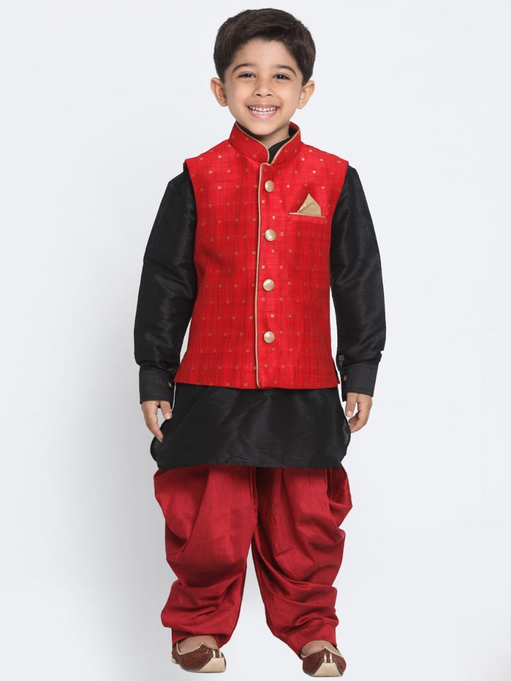 VASTRAMAY Boys' Maroon Cotton Silk Blend Ethnic Jacket, Black Kurta and Maroon Dhoti Pant Set - qivii