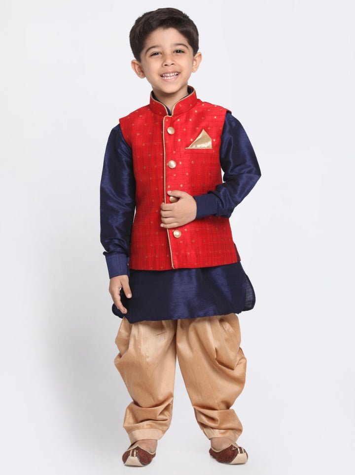 Vastramay Boys' Maroon Silk Blend Ethnic Jacket, Navy Blue Kurta and Rose Gold Dhoti Pant Set - qivii