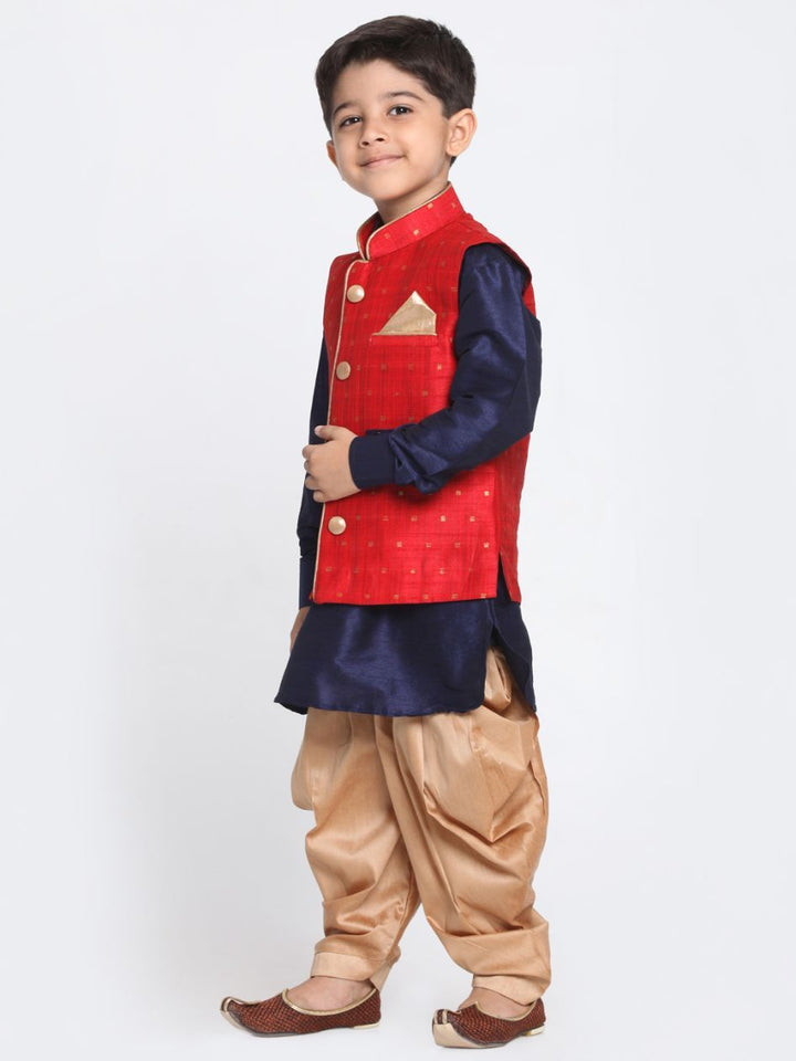 Vastramay Boys' Maroon Silk Blend Ethnic Jacket, Navy Blue Kurta and Rose Gold Dhoti Pant Set - qivii