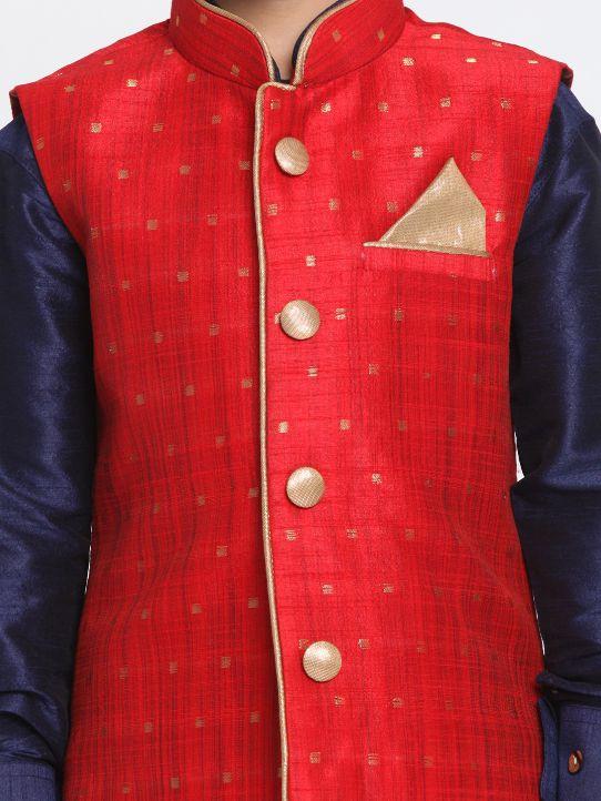 Vastramay Boys' Maroon Silk Blend Ethnic Jacket, Navy Blue Kurta and Rose Gold Dhoti Pant Set - qivii