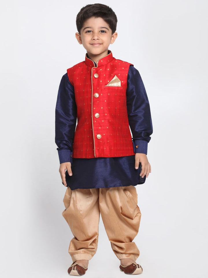Vastramay Boys' Maroon Silk Blend Ethnic Jacket, Navy Blue Kurta and Rose Gold Dhoti Pant Set - qivii