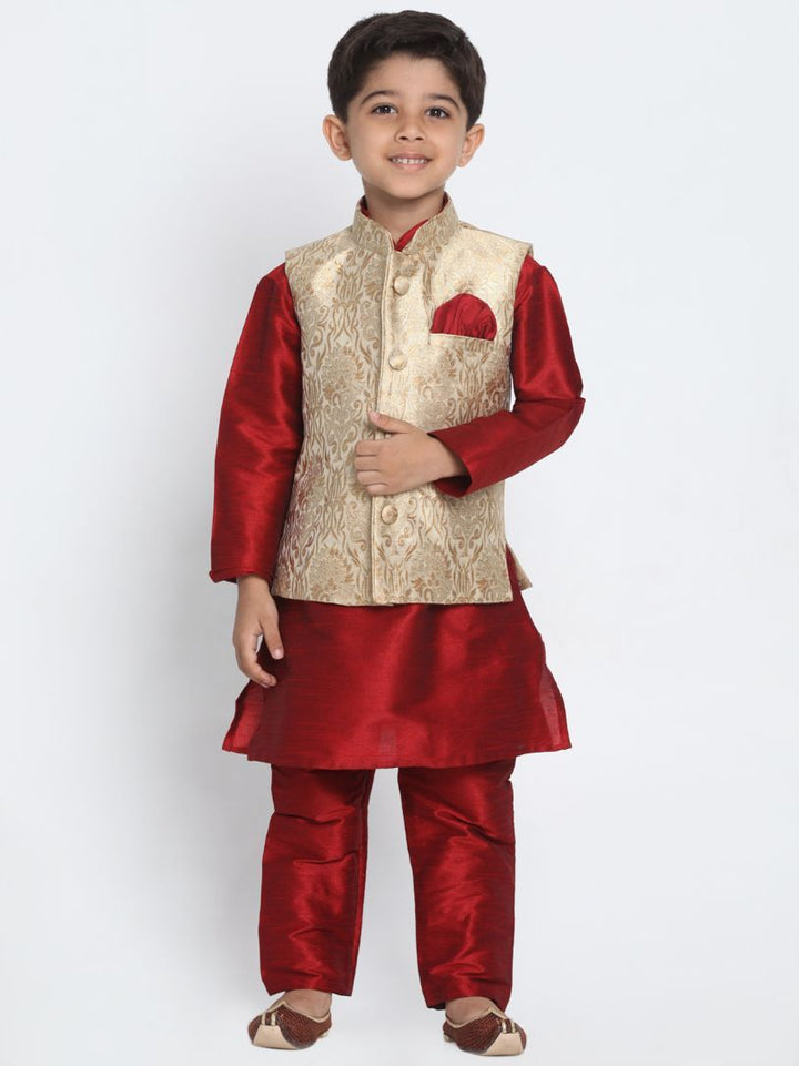 VASTRAMAY Boys' Gold Cotton Silk Blend Waistcoat, Maroon Kurta and Pyjama Set - qivii