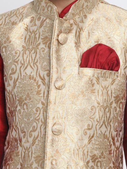 VASTRAMAY Boys' Gold Cotton Silk Blend Waistcoat, Maroon Kurta and Pyjama Set - qivii