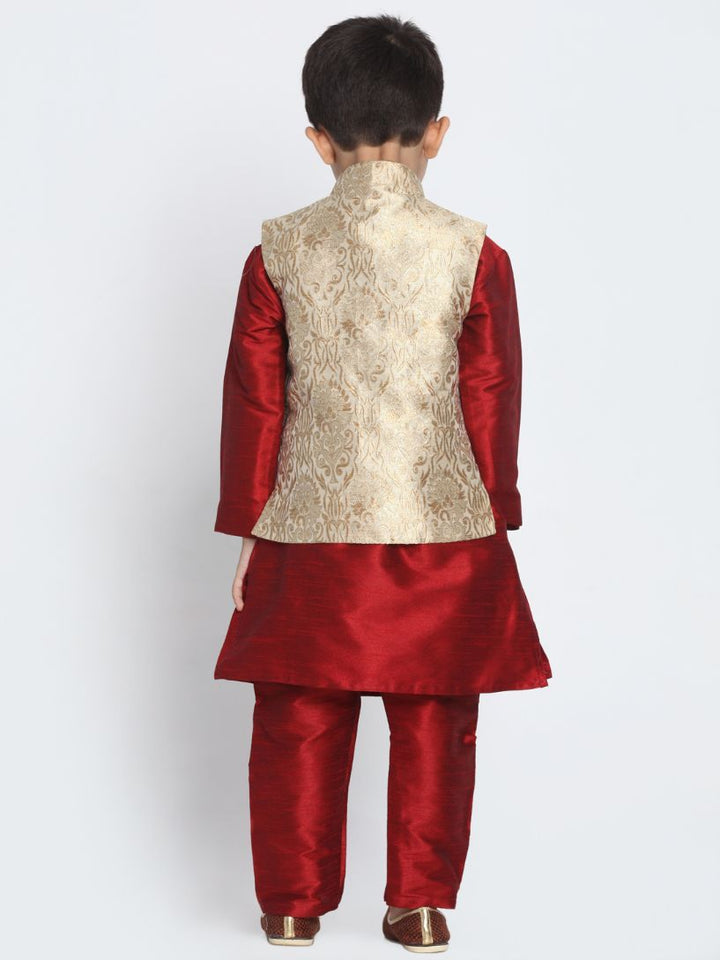 VASTRAMAY Boys' Gold Cotton Silk Blend Waistcoat, Maroon Kurta and Pyjama Set - qivii