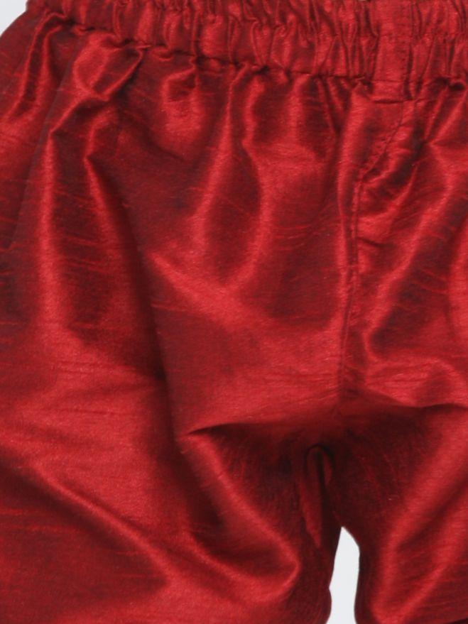 VASTRAMAY Boys' Gold Cotton Silk Blend Waistcoat, Maroon Kurta and Pyjama Set - qivii