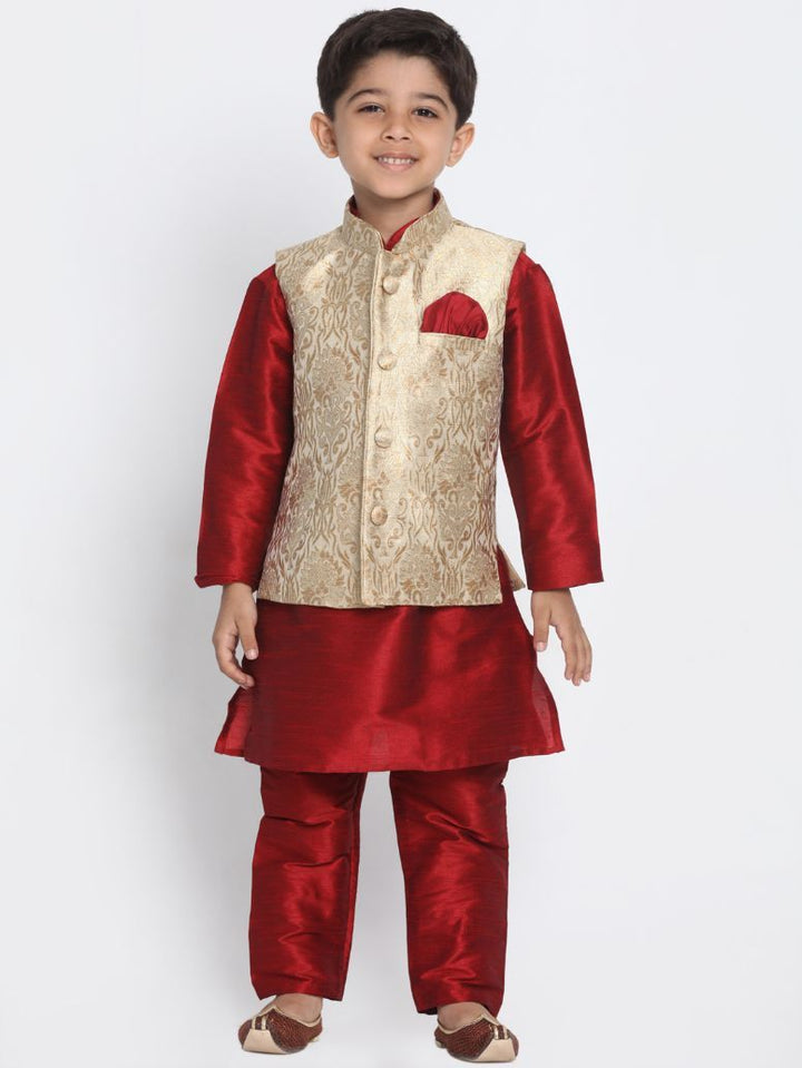 VASTRAMAY Boys' Gold Cotton Silk Blend Waistcoat, Maroon Kurta and Pyjama Set - qivii