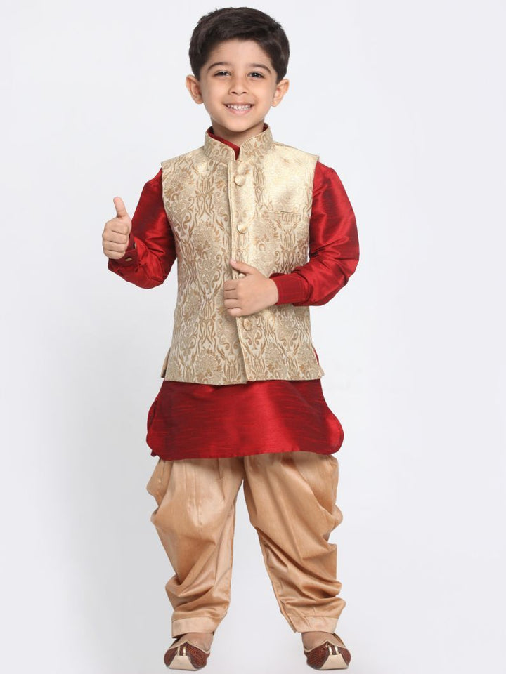 VASTRAMAY Boys' Gold Cotton Silk Blend Ethnic Jacket, Maroon Kurta and Dhoti Pant Set - qivii