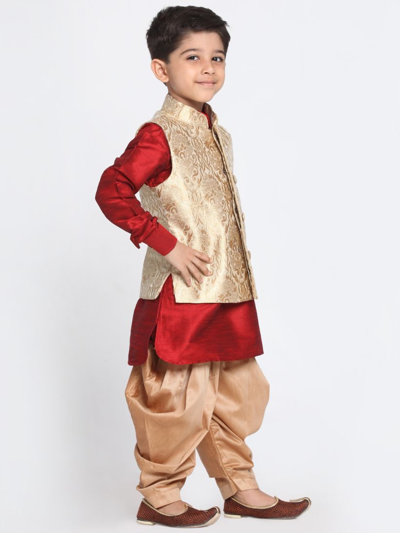 VASTRAMAY Boys' Gold Cotton Silk Blend Ethnic Jacket, Maroon Kurta and Dhoti Pant Set - qivii