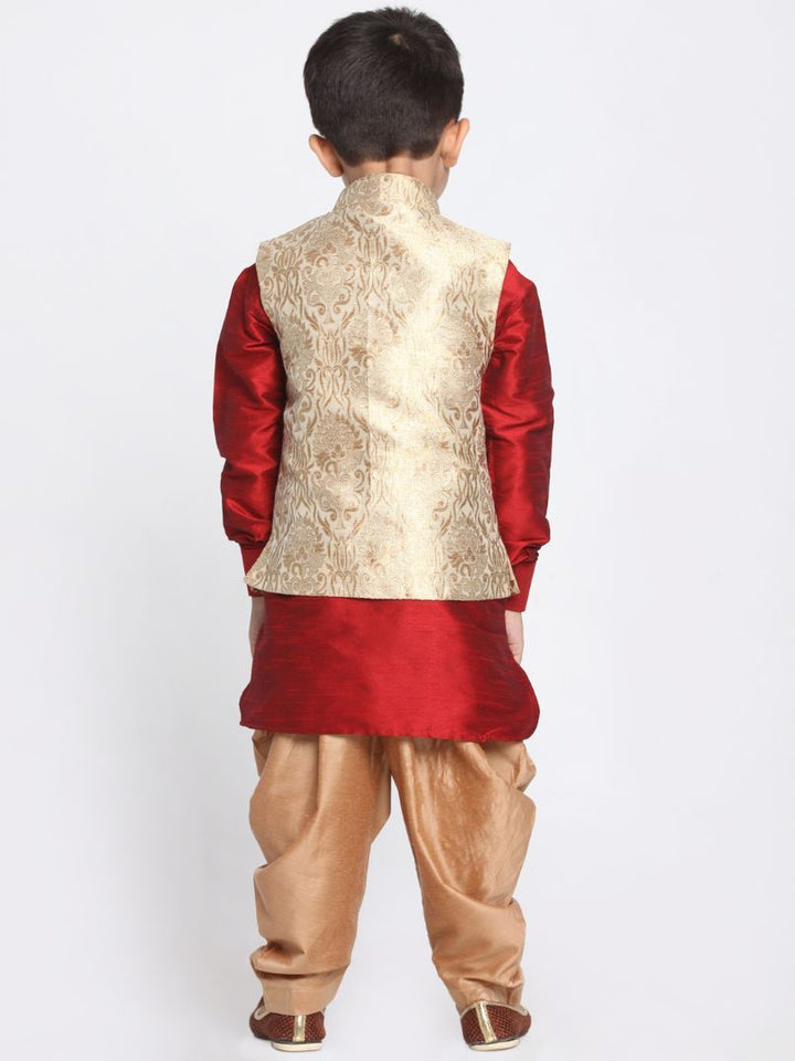 VASTRAMAY Boys' Gold Cotton Silk Blend Ethnic Jacket, Maroon Kurta and Dhoti Pant Set - qivii