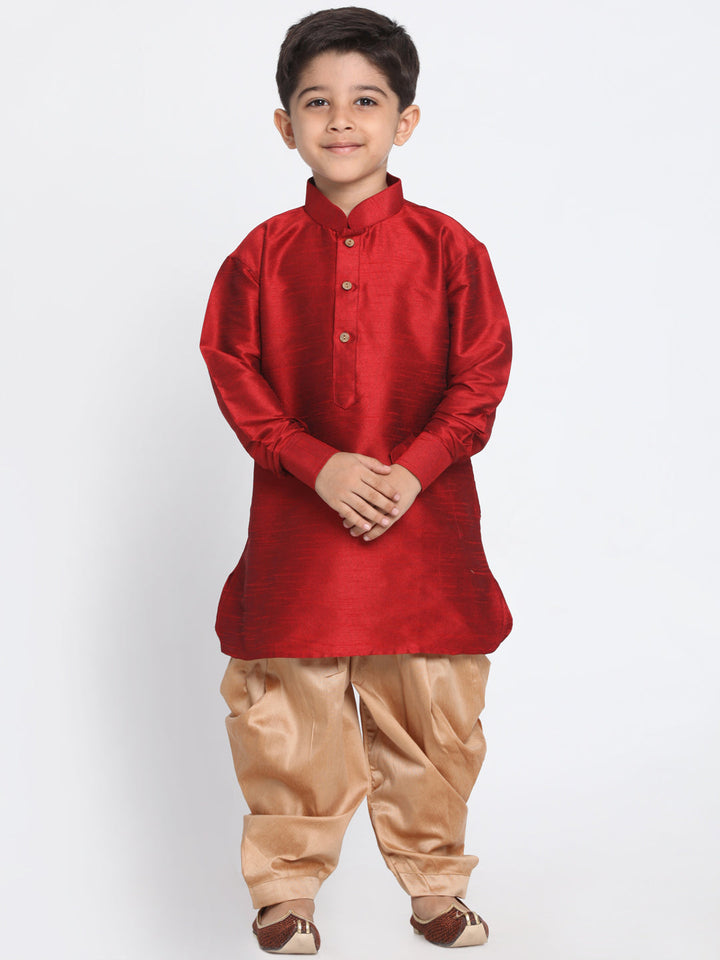 VASTRAMAY Boys' Maroon and Rose Gold Silk Blend Kurta and Patiala Pant Set - qivii