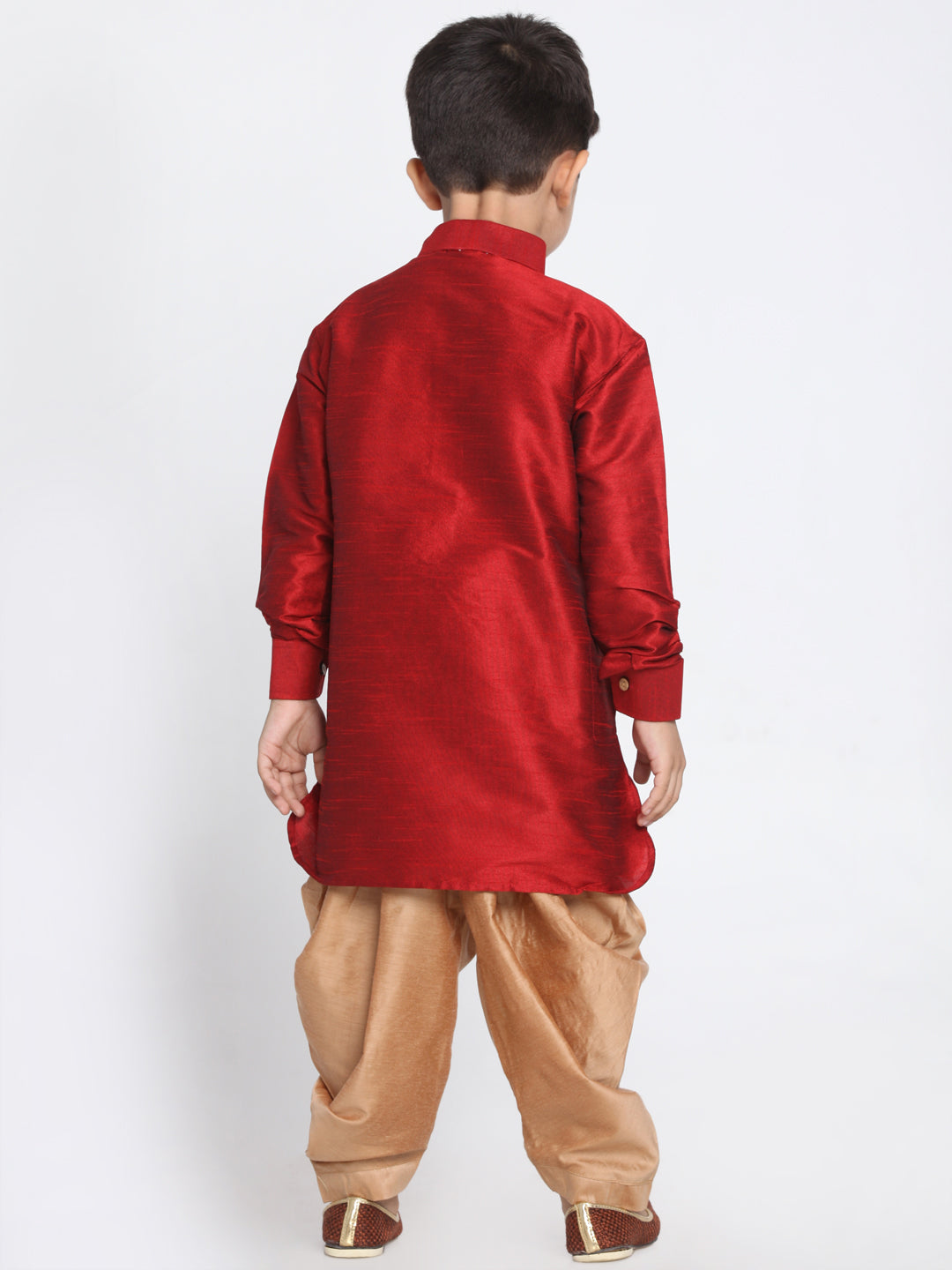 VASTRAMAY Boys' Maroon and Rose Gold Silk Blend Kurta and Patiala Pant Set - qivii