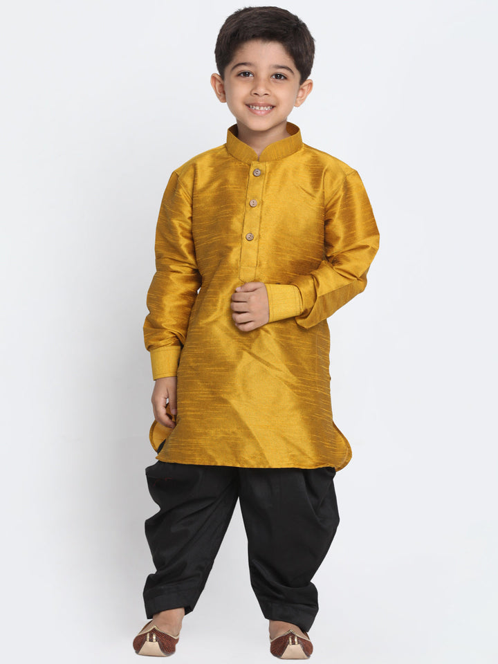 VASTRAMAY Boys' Mustard and Black Silk Blend Kurta and Patiala Pant Set - qivii