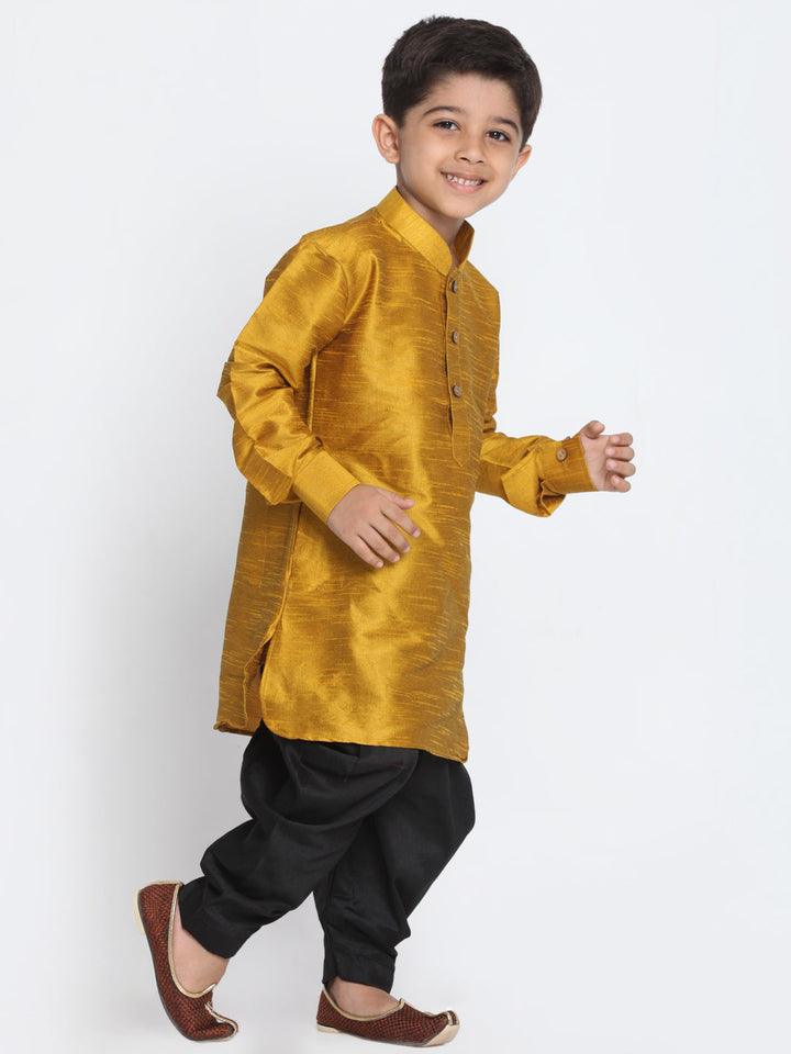 VASTRAMAY Boys' Mustard and Black Silk Blend Kurta and Patiala Pant Set - qivii